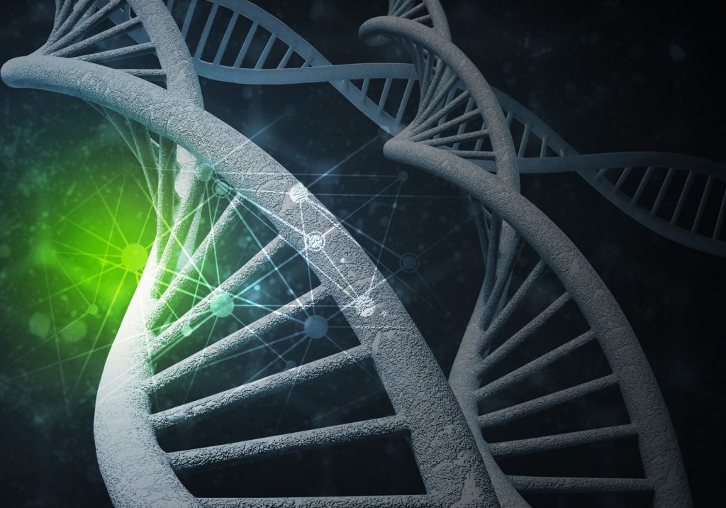 Background image with DNA molecule research concept, 3D rendering