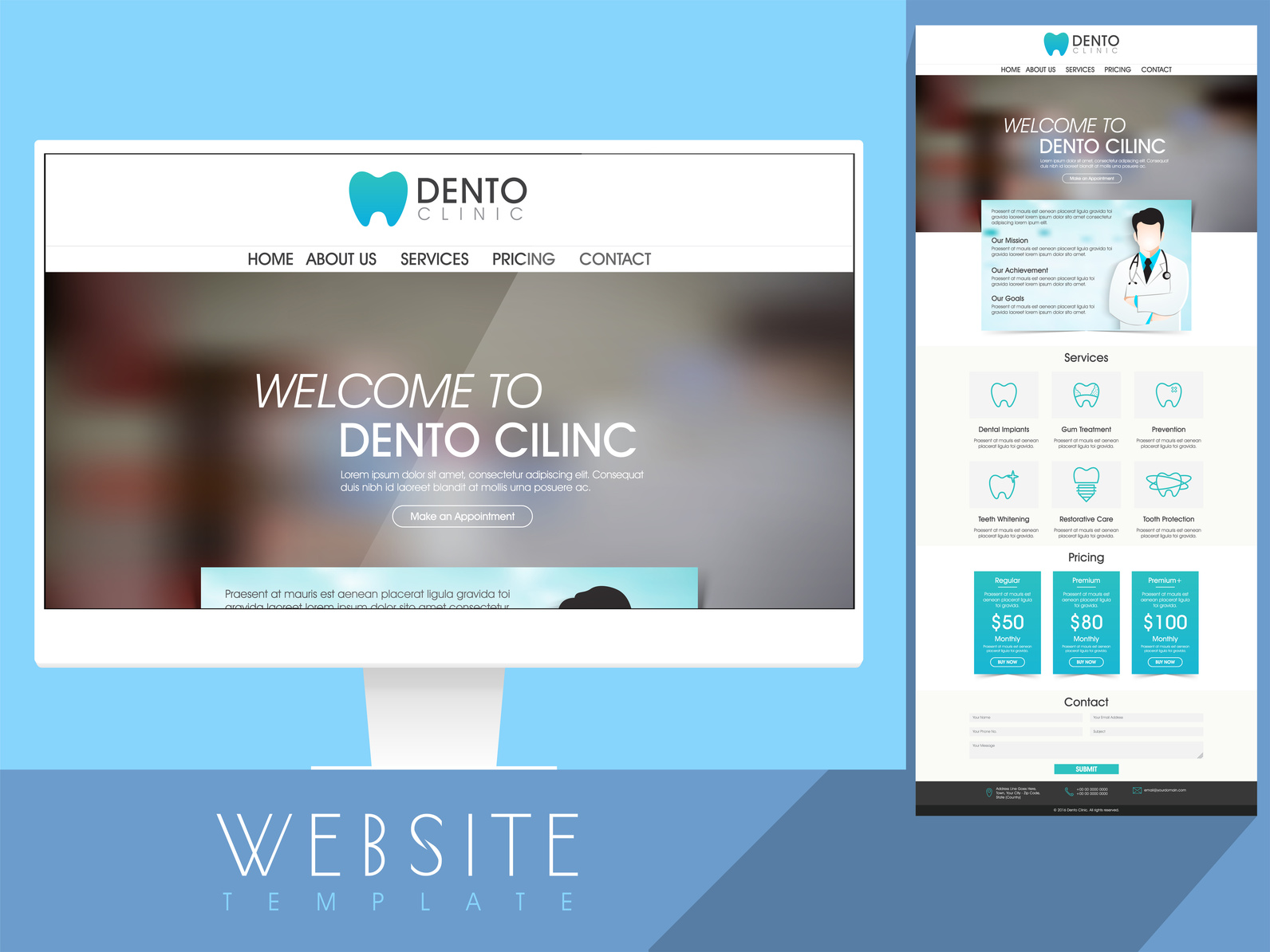 Dento Clinic Website Template design with services, pricing and contact details information.